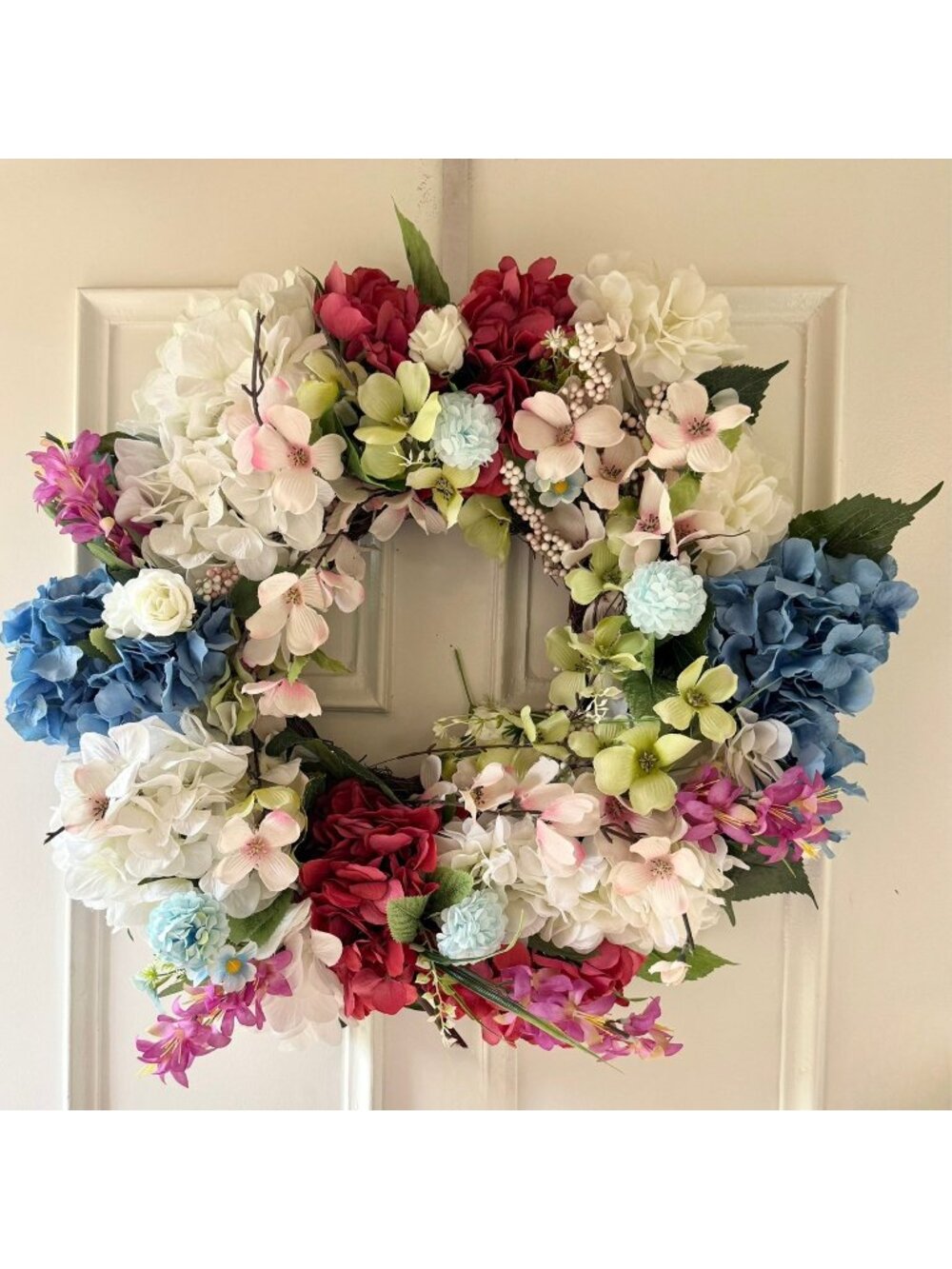 Colorful Faux Floral 26 in Wreath One of a Kind Handmade Hydrangeas Roses Peony